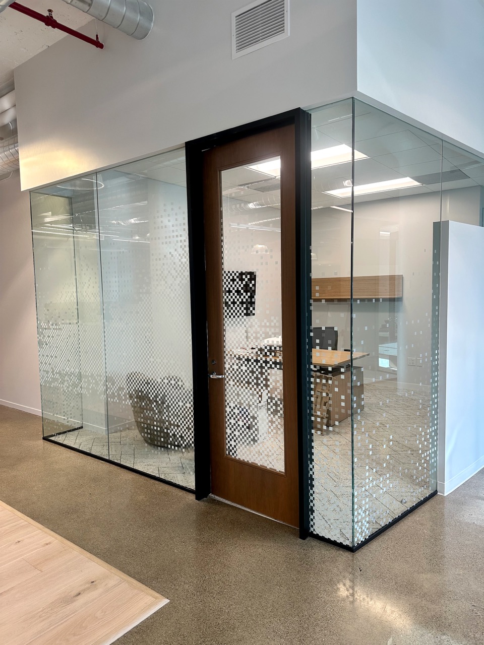 We added custom window film to the glass doors and windows.